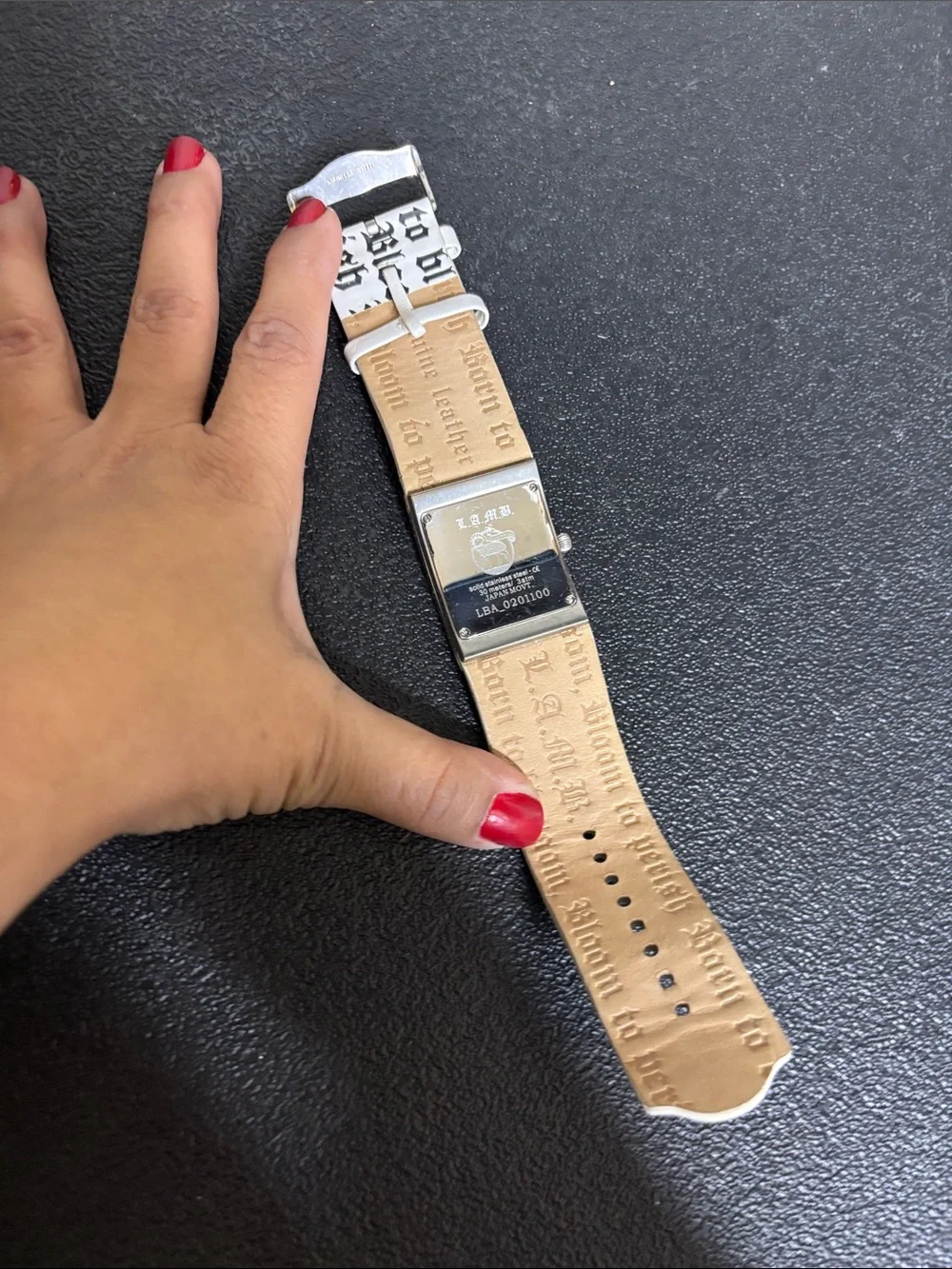 VTG L.A.M.B. Gwen Stefani Silver Tone Text Leather Strap Watch Y2K